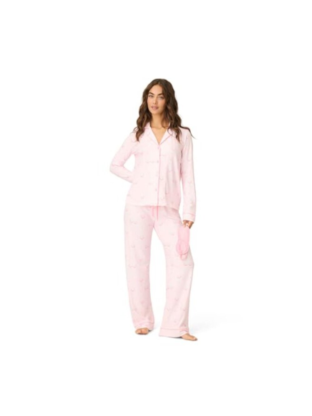 Womens 3-Piece Jersey Knit Pajama Set Long Sleeve Top Pants Eye Mask